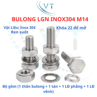 Bulong LGN inox304 M14 (vặn cờ lê 22) dài 30mm - 200mm. 1 bộ (1 bulong + 1 tán+1 LĐ phẳng+1 LĐ vênh)