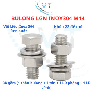 Bulong LGN inox304 M14 (vặn cờ lê 22) dài 30mm - 200mm. 1 bộ (1 bulong + 1 tán+1 LĐ phẳng+1 LĐ vênh)