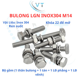Bulong LGN inox304 M14 (vặn cờ lê 22) dài 30mm - 200mm. 1 bộ (1 bulong + 1 tán+1 LĐ phẳng+1 LĐ vênh)