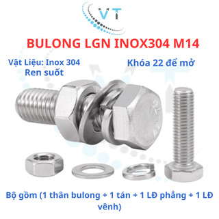 Bulong LGN inox304 M14 (vặn cờ lê 22) dài 30mm - 200mm. 1 bộ (1 bulong + 1 tán+1 LĐ phẳng+1 LĐ vênh)