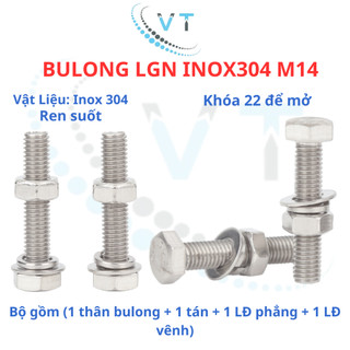 Bulong LGN inox304 M14 (vặn cờ lê 22) dài 30mm - 200mm. 1 bộ (1 bulong + 1 tán+1 LĐ phẳng+1 LĐ vênh)