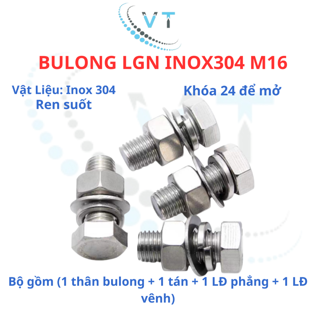 Bulong LGN inox304 M16 (vặn cờ lê 24) dài 30mm - 150mm. 1 bộ (1 bulong + 1 tán+1 LĐ phẳng+1 LĐ vênh)