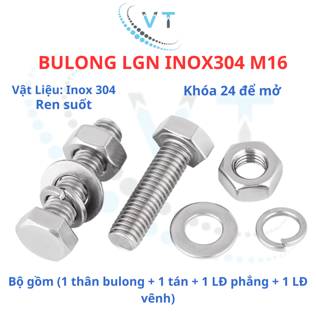 Bulong LGN inox304 M16 (vặn cờ lê 24) dài 30mm - 150mm. 1 bộ (1 bulong + 1 tán+1 LĐ phẳng+1 LĐ vênh)