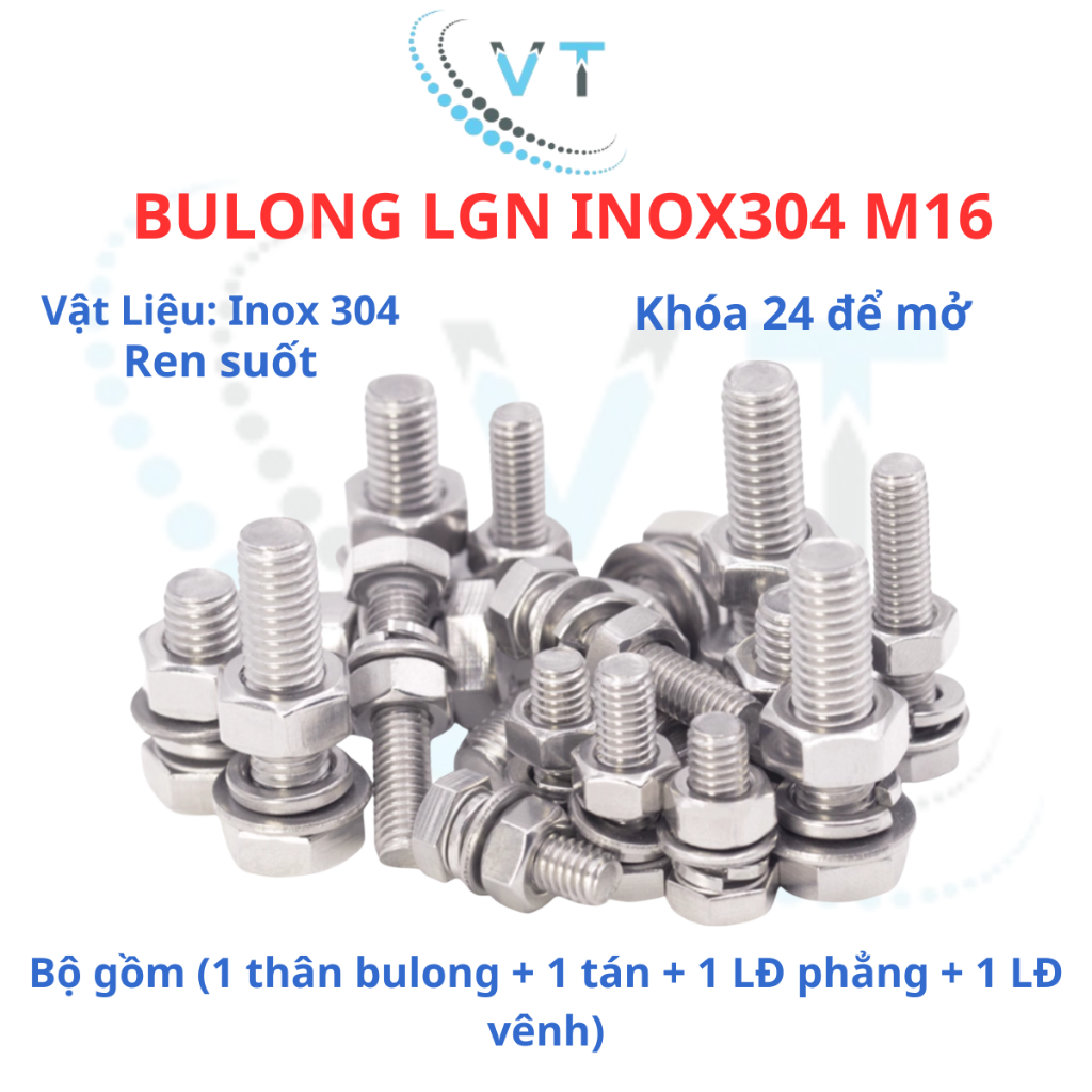 Bulong LGN inox304 M16 (vặn cờ lê 24) dài 30mm - 150mm. 1 bộ (1 bulong + 1 tán+1 LĐ phẳng+1 LĐ vênh)