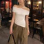 Áo Trễ Vai Ngắn Tay Phối Dây Ngang Vai RANSHI Vạt Lệch Ôm Body Tôn Dáng Chất Thun Cotton
