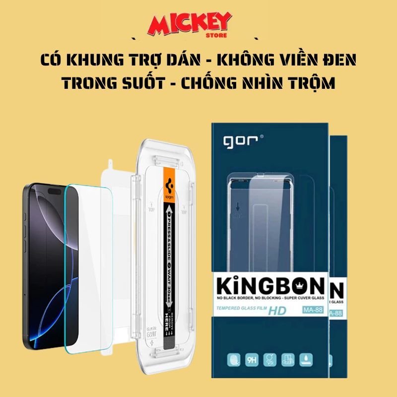 Kính cường lực GOR KINGBON không viền đen có khung trợ dán trong và chống trộm IPhone 13 đến16Promax