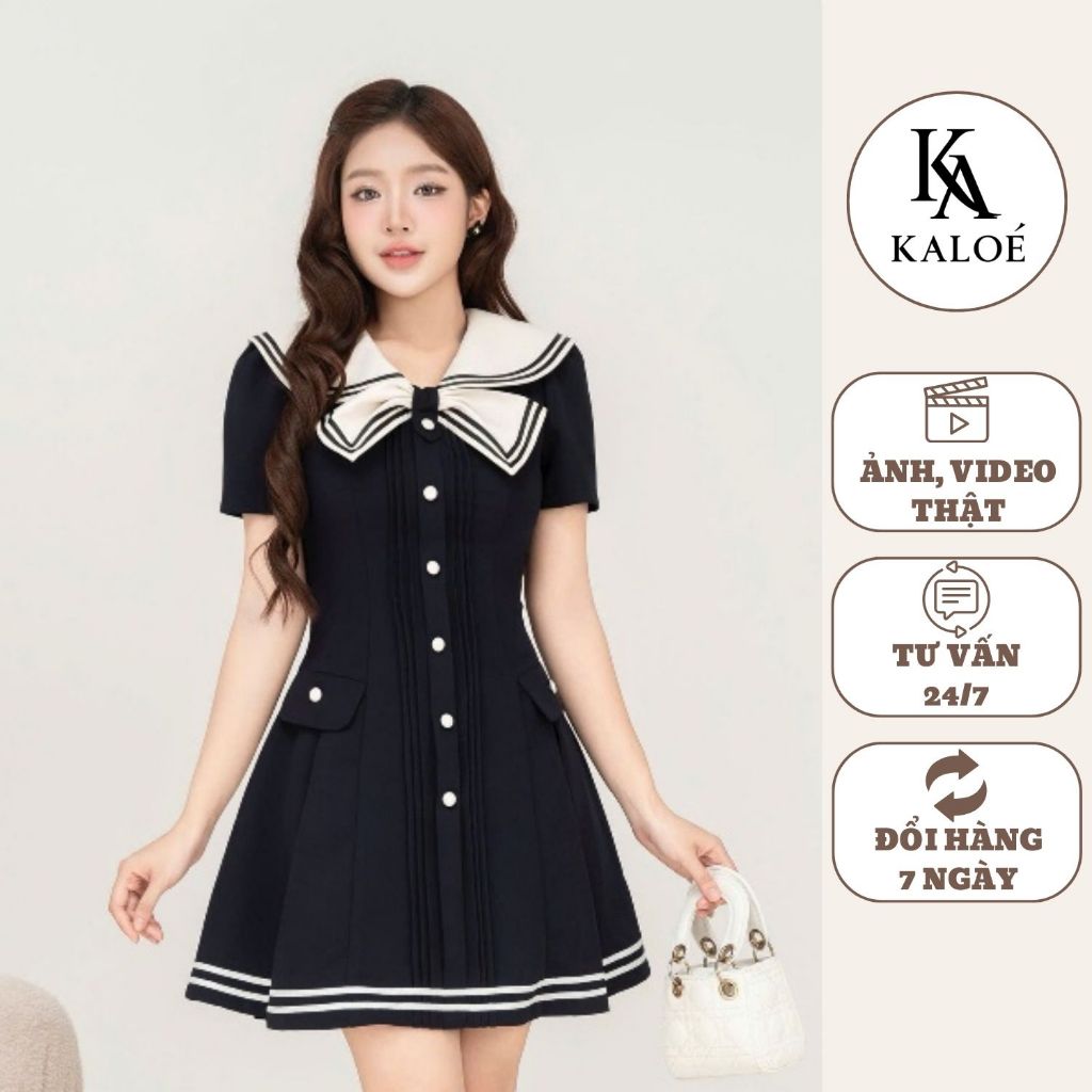 Váy Thiết Kế Cổ Thủy Thủ Viền Ruy Băng Đen Phối Nơ Xinh KALOE Trẻ Trung Thanh Lịch KL12 | BigBuy360 - bigbuy360.vn
