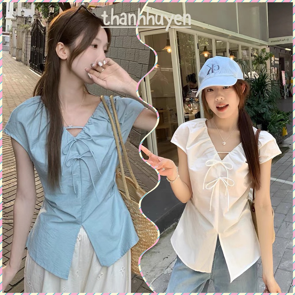 Áo sơ kiểu cổ V thắt nơ bản nhỏ thanhhuyenclothings2 - áo sơ nữ cổ V mang phong cách hàn quốc