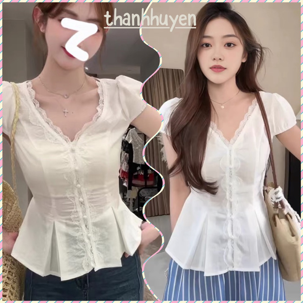 [VIDEO/ ẢNH THẬT] Áo sơ mi cổ V viền ren tay phồng dáng xoè Thanhhuyenclothings2 . áo sơ mi kiểu đơn giản