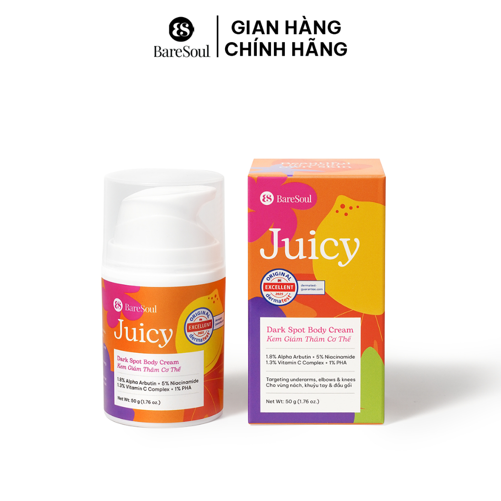 Kem làm sáng, giảm thâm mông, nách, bikini, đầu gối với Alpha Aburtin, Niacinamide BareSoul Juicy 50g