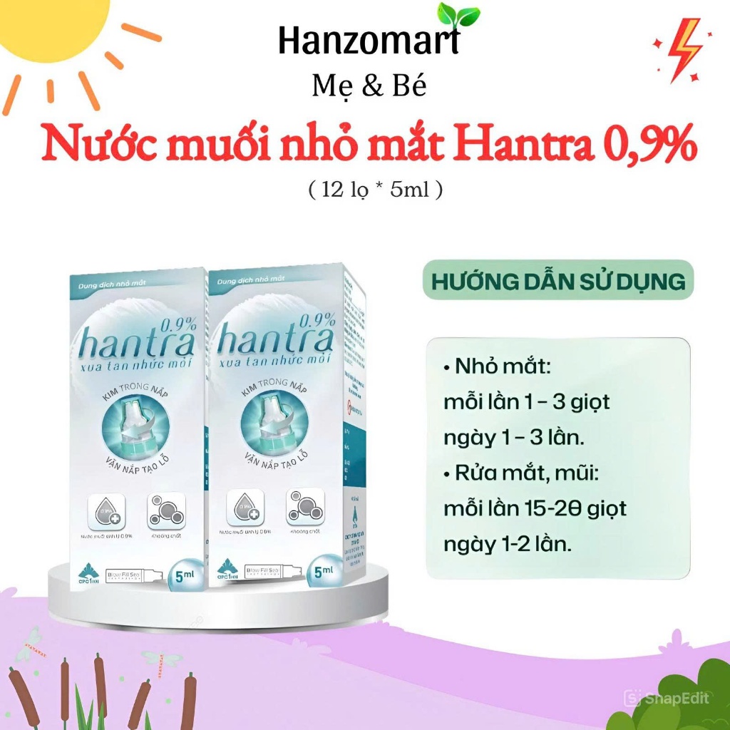 Nước muối sinh lý nhỏ mắt mũi Hantra 0,9% vệ sinh, giảm khô mắt ( 12 lọ x5ml )