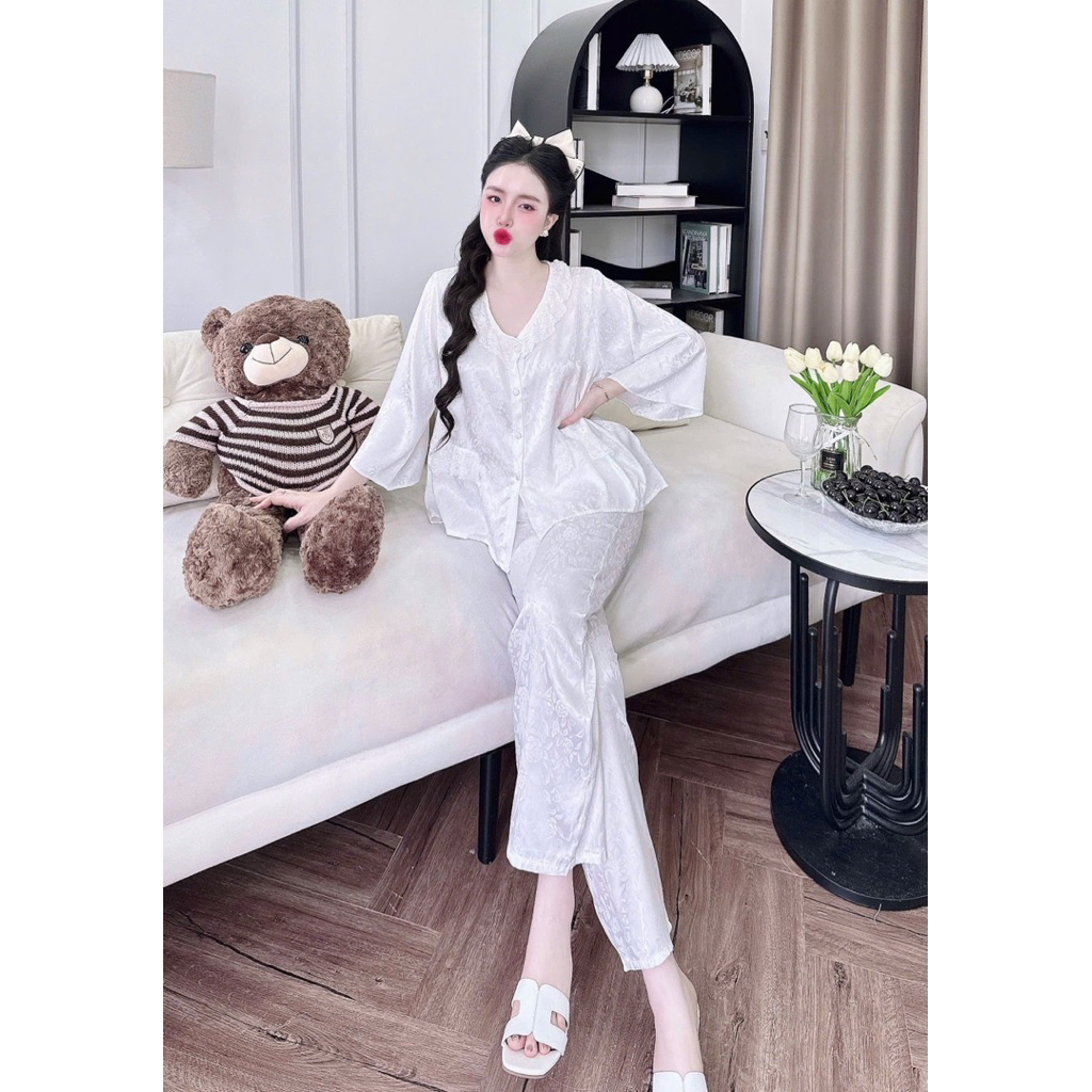 45-65kg Bộ pijama CỔ REN TRÒN chất Gấm sang xinh mềm