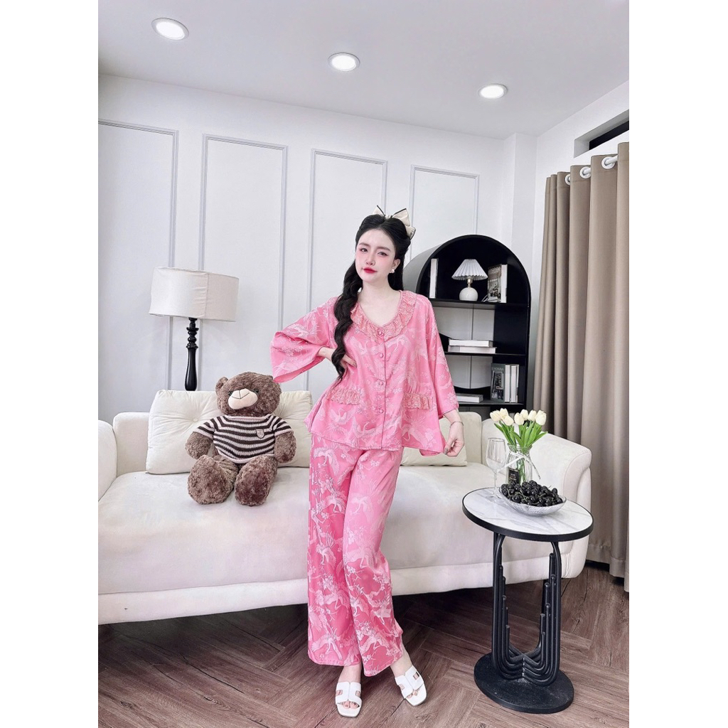 45-65kg Bộ pijama CỔ REN TRÒN chất Gấm sang xinh mềm