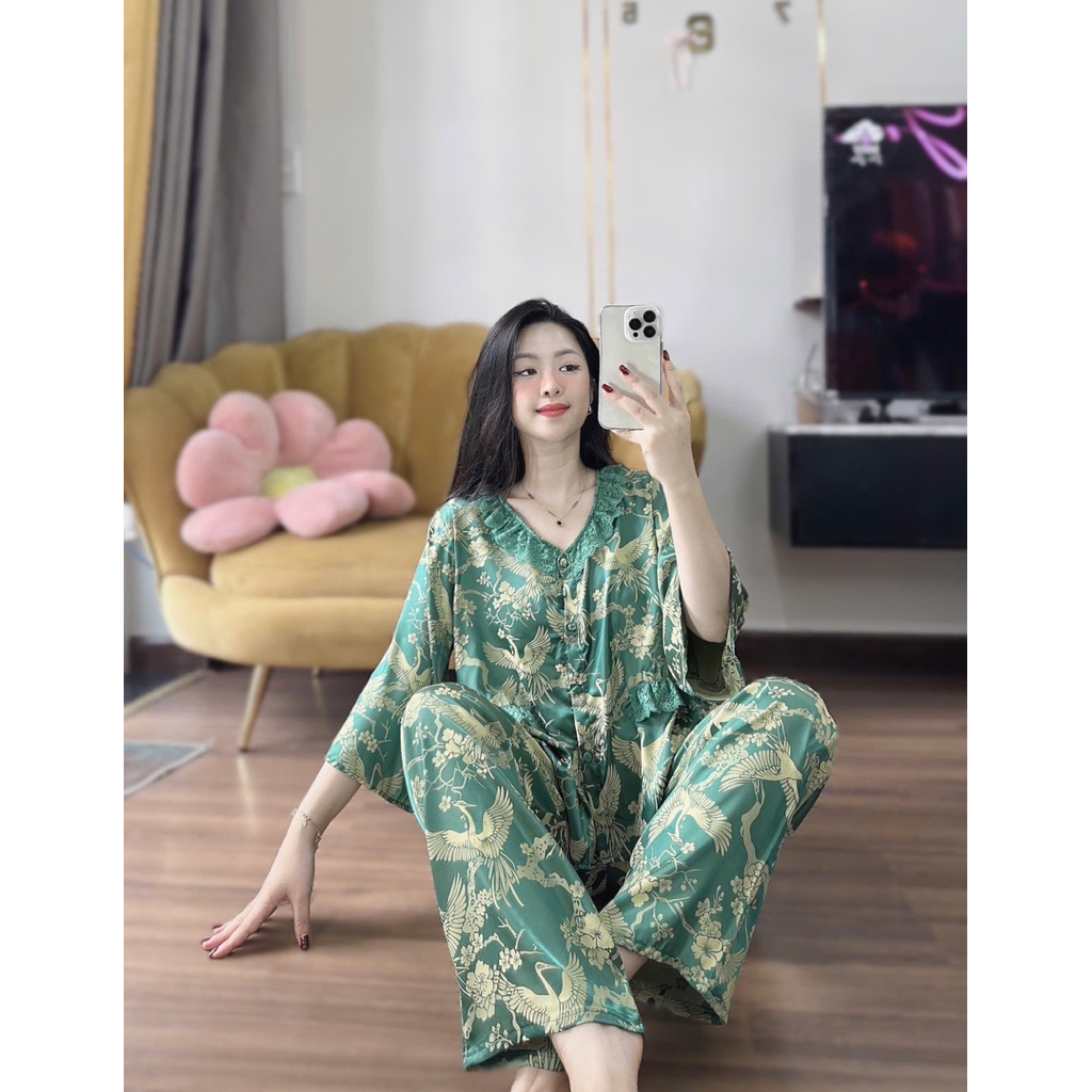 45-65kg Bộ pijama CỔ REN TRÒN chất Gấm sang xinh mềm