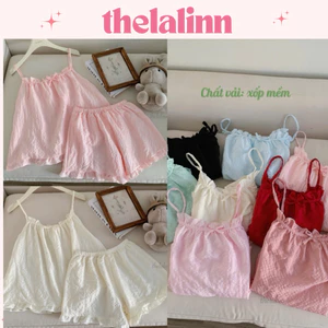Set pijama xốp mềm trơn 2 dây mềm mại màu pastel xinh xắn. Bộ ngủ nữ xốp mềm dây mùa hè