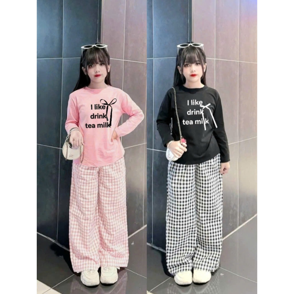 14-45kg.Sét bộ thu đông dài tay cho bé gái in chữ đính nơ quần ống xuông,quần chất vải tăm lạnh co giãn thoải.m40