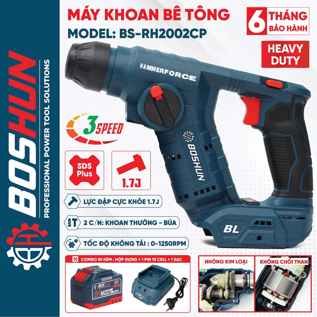 Máy khoan bê tông pin nhỏ gọn BOSHUN BS-RH2002CP , 3 Tốc độ, Lực đập 1.7J - Khoan thường, Khoan búa