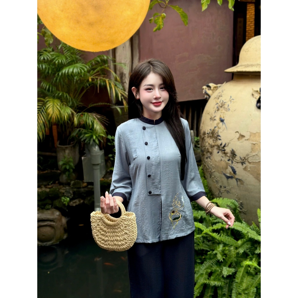 Pháp phục đi chùa vải đũi tơ thêu Bình An Đồ lam đi chùa nữ cổ tàu đính cúc bọc đũi mềm mát thanh lịch