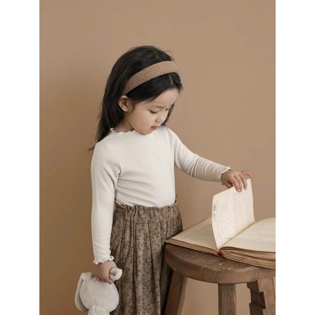 Áo thun dài tay, áo giữ nhiệt thu đông bé gái co giãn thoải mái kiểu bèo nhún chất liệu thun tăm cotton mềm mịn