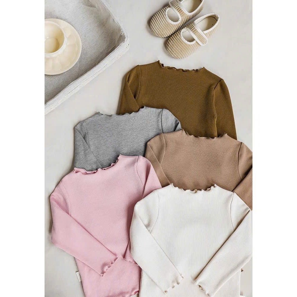 Áo thun dài tay, áo giữ nhiệt thu đông bé gái co giãn thoải mái kiểu bèo nhún chất liệu thun tăm cotton mềm mịn