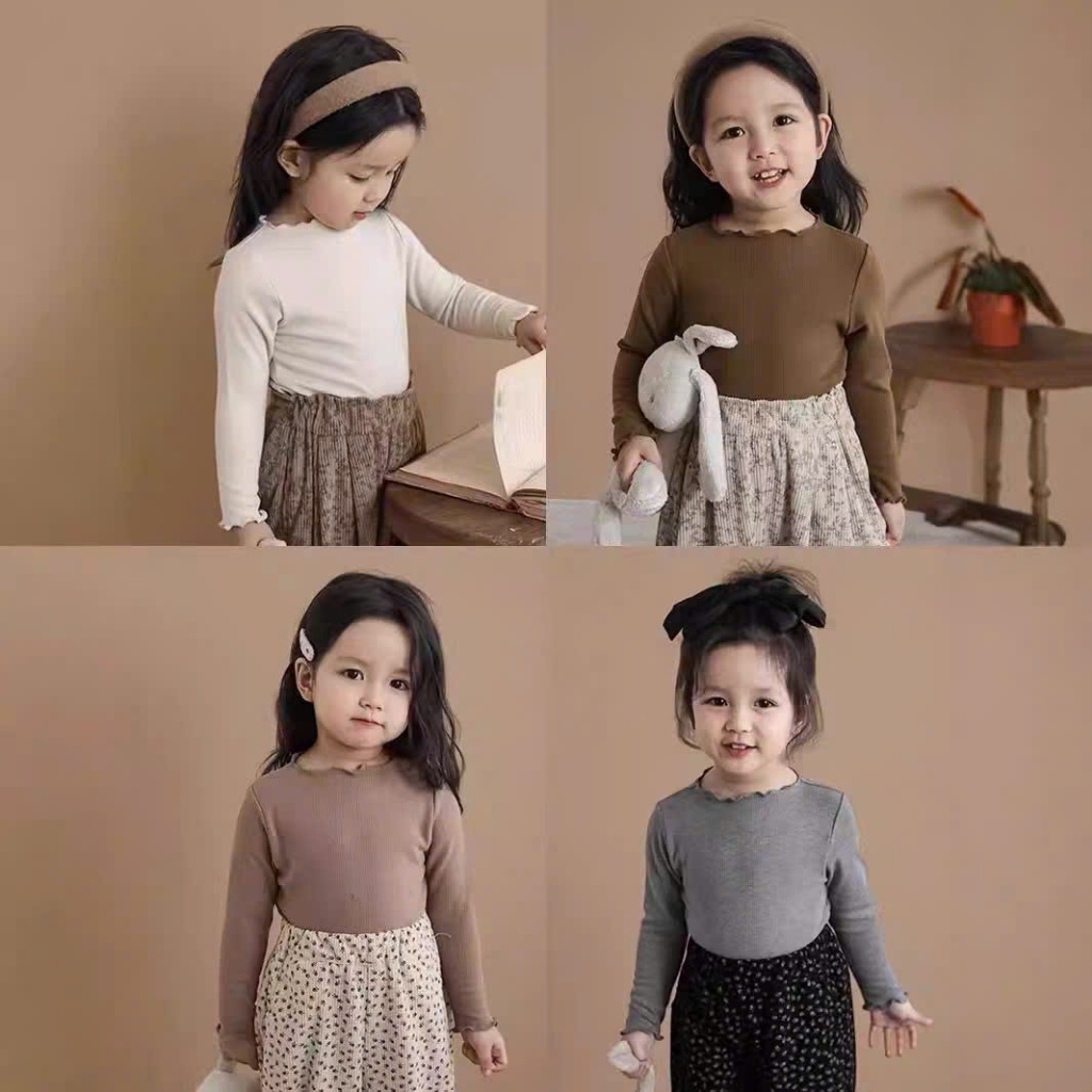Áo thun dài tay, áo giữ nhiệt thu đông bé gái co giãn thoải mái kiểu bèo nhún chất liệu thun tăm cotton mềm mịn