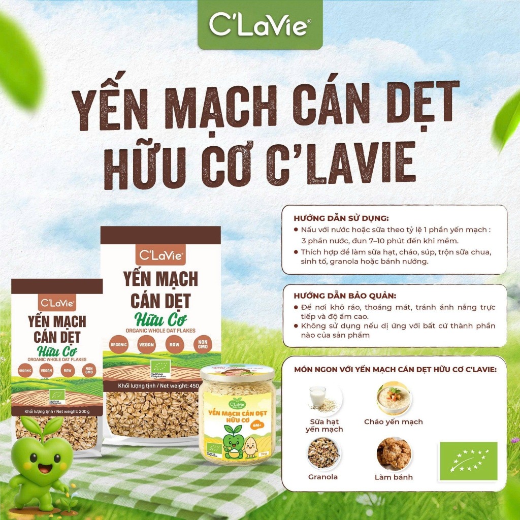 Yến mạch cán dẹt/ cán vỡ hữu cơ C'LaVie Organic Whole/ Instant Oat Flakes