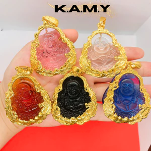 Mặt Dây Chuyền Phật Di Lặc Đá Phong Thủy Nhiều Màu Viền Vàng – Trang Sức May Mắn Bình An