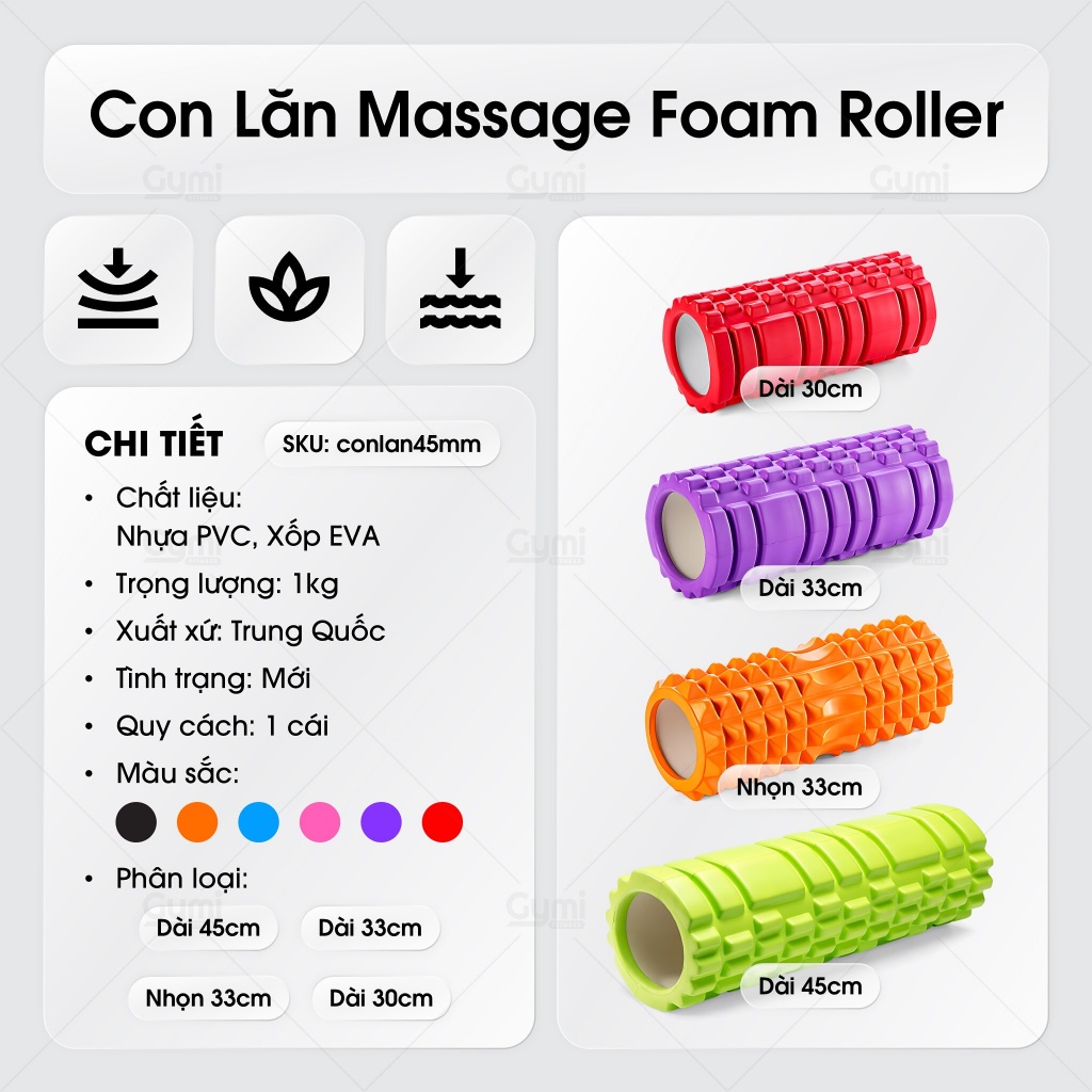Con Lăn Massage, Dãn Cơ Tập Gym,Yoga Hàng Chuẩn 45cm 33cm - Foam Roller Giãn Cơ Sau Tập Tại Nhà - ConLan