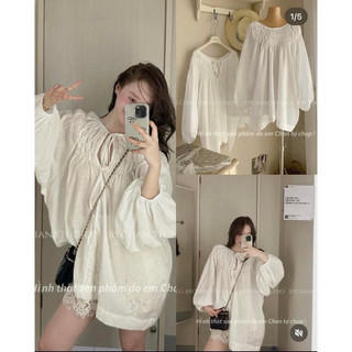 set áo linen + quần ren dày dặn có lớp lót - thời trang hàn quốc 2025