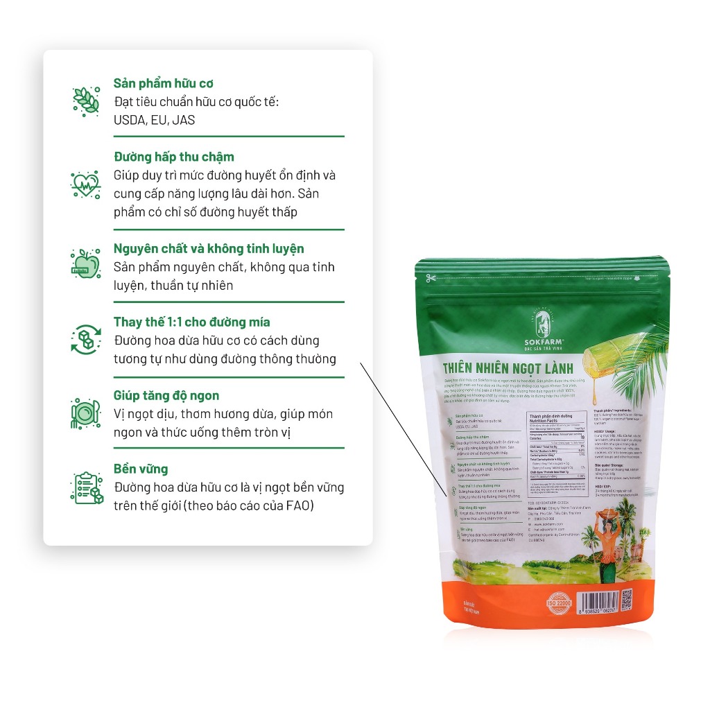 Đường hoa dừa hữu cơ Sokfarm organic coconut sugar, low GI ăn kiêng healthy Đặc sản Trà Vinh