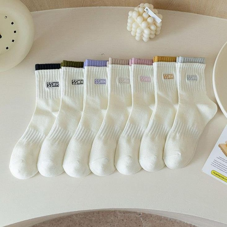 Combo 10 Đôi Tất vớ nữ nam cổ cao cổ trung màu trắng dễ thương hàn quốc đẹp viền đủ màu 337