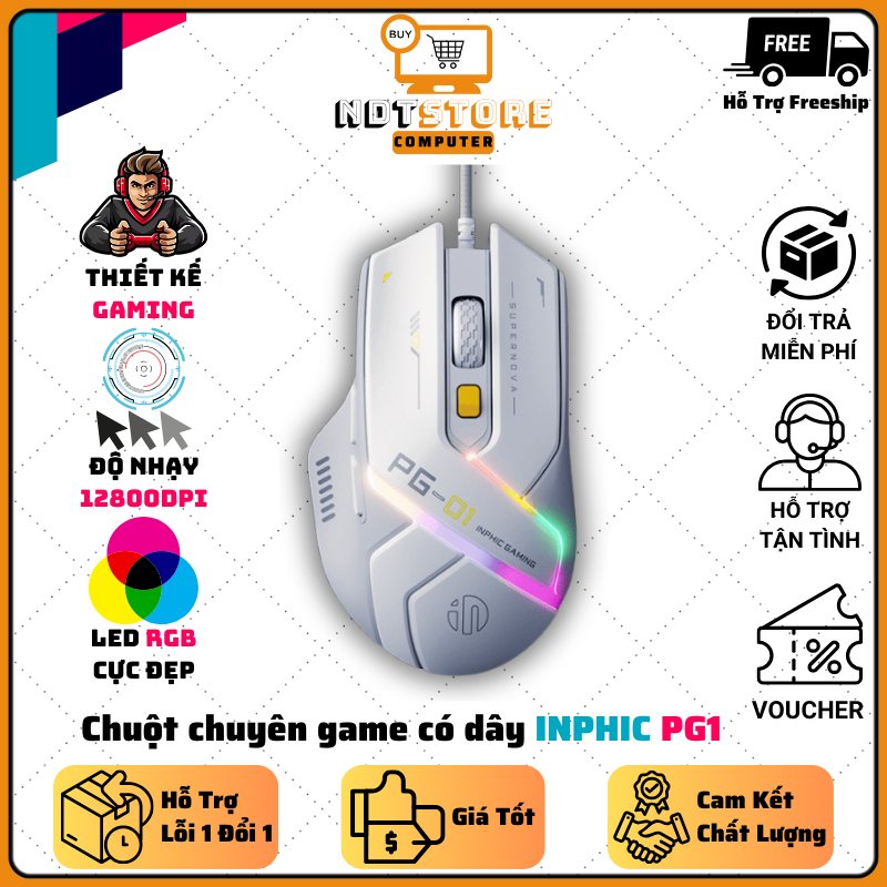 Chuột chuyên game có dây INPHIC PG1 thiết kế công thái học có đèn led ...