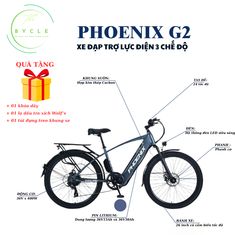 Xe đạp trợ lực điện Phoenix G2, động cơ Momen xoắn 36V*400W siêu khỏe ...