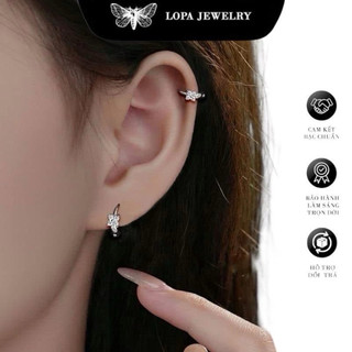 Khuyên tai nữ bạc , SK882 , khuyên tai hoa đá 4 lá chốt bấm , nhỏ nhắn , cá tính, bạc ta LoPa