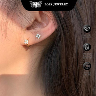 Khuyên tai nữ bạc , SK882 , khuyên tai hoa đá 4 lá chốt bấm , nhỏ nhắn , cá tính, bạc ta LoPa