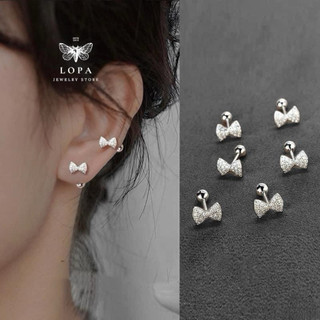 Khuyên tai nữ bạc ta, khuyên nơ đá chốt ren Sk77 đính đá xinh xắn , nhỏ nhắn , đeo tai trên, Bạc ta LoPa