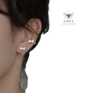 Khuyên tai nữ bạc ta, khuyên nơ đá chốt ren Sk77 đính đá xinh xắn , nhỏ nhắn , đeo tai trên, Bạc ta LoPa