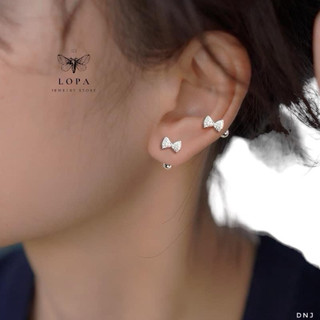 Khuyên tai nữ bạc ta, khuyên nơ đá chốt ren Sk77 đính đá xinh xắn , nhỏ nhắn , đeo tai trên, Bạc ta LoPa
