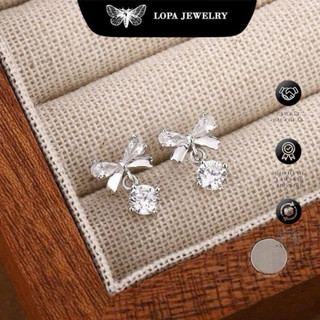 Khuyên tai nơ đá SK66, khuyên tại nơ giọt nước chốt đẩy , xinh xắn, điệu đà , Bạc ta LoPa