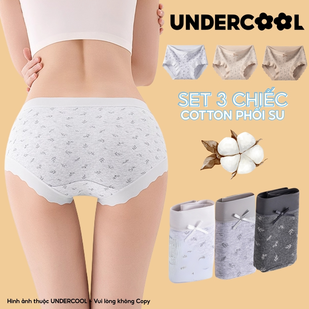 Combo 3 Quần Lót Nữ Cotton Gân Tăm Họa Tiết Phối Ren Kháng Khuẩn UNDERCOOL Thoáng Khí, Sạch Sẽ- CB-QL68