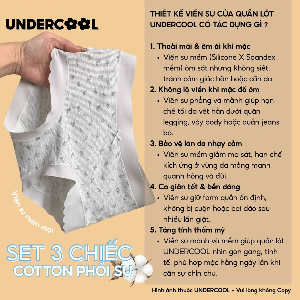 Combo 3 Quần Lót Nữ Cotton Gân Tăm Họa Tiết Phối Ren Kháng Khuẩn UNDERCOOL Thoáng Khí, Sạch Sẽ- CB-QL68