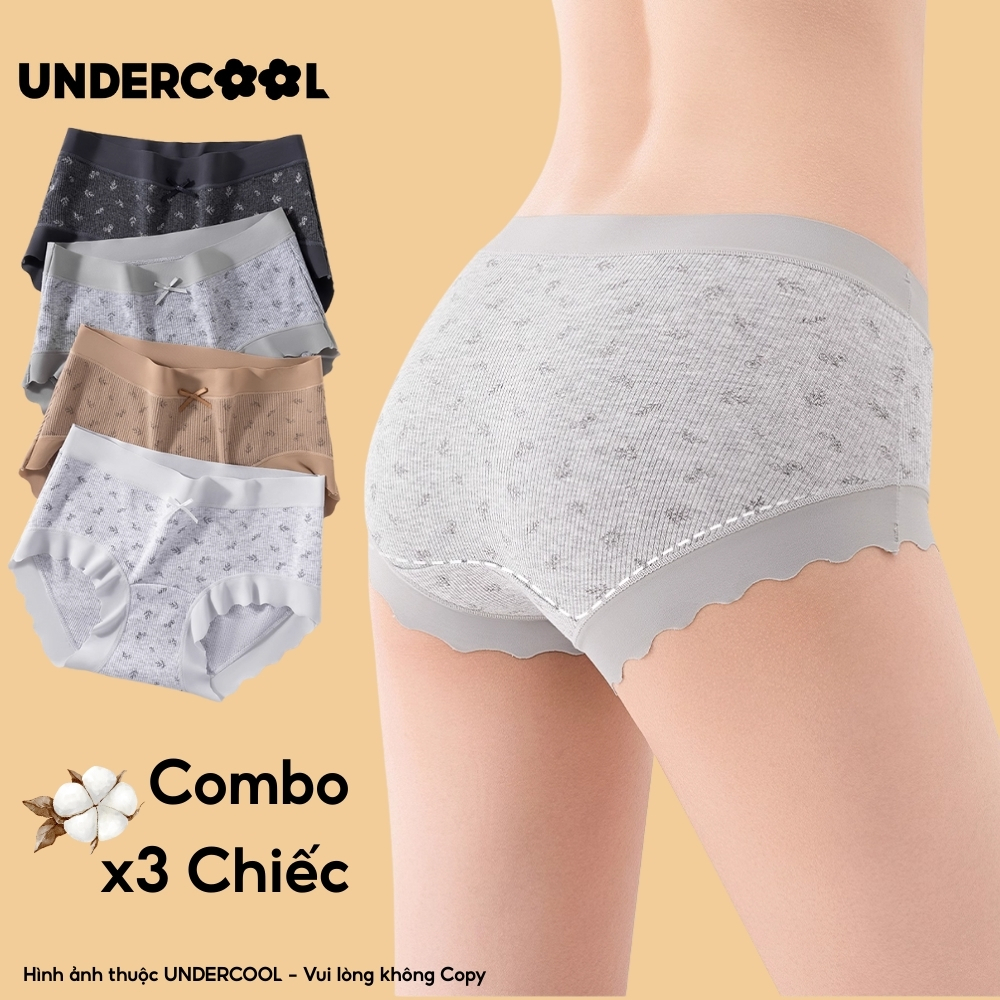 Combo 3 Quần Lót Nữ Cotton Gân Tăm Họa Tiết Phối Ren Kháng Khuẩn UNDERCOOL Thoáng Khí, Sạch Sẽ- CB-QL68