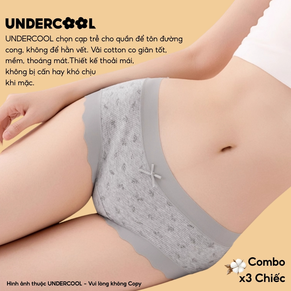 Combo 3 Quần Lót Nữ Cotton Gân Tăm Họa Tiết Phối Ren Kháng Khuẩn UNDERCOOL Thoáng Khí, Sạch Sẽ- CB-QL68