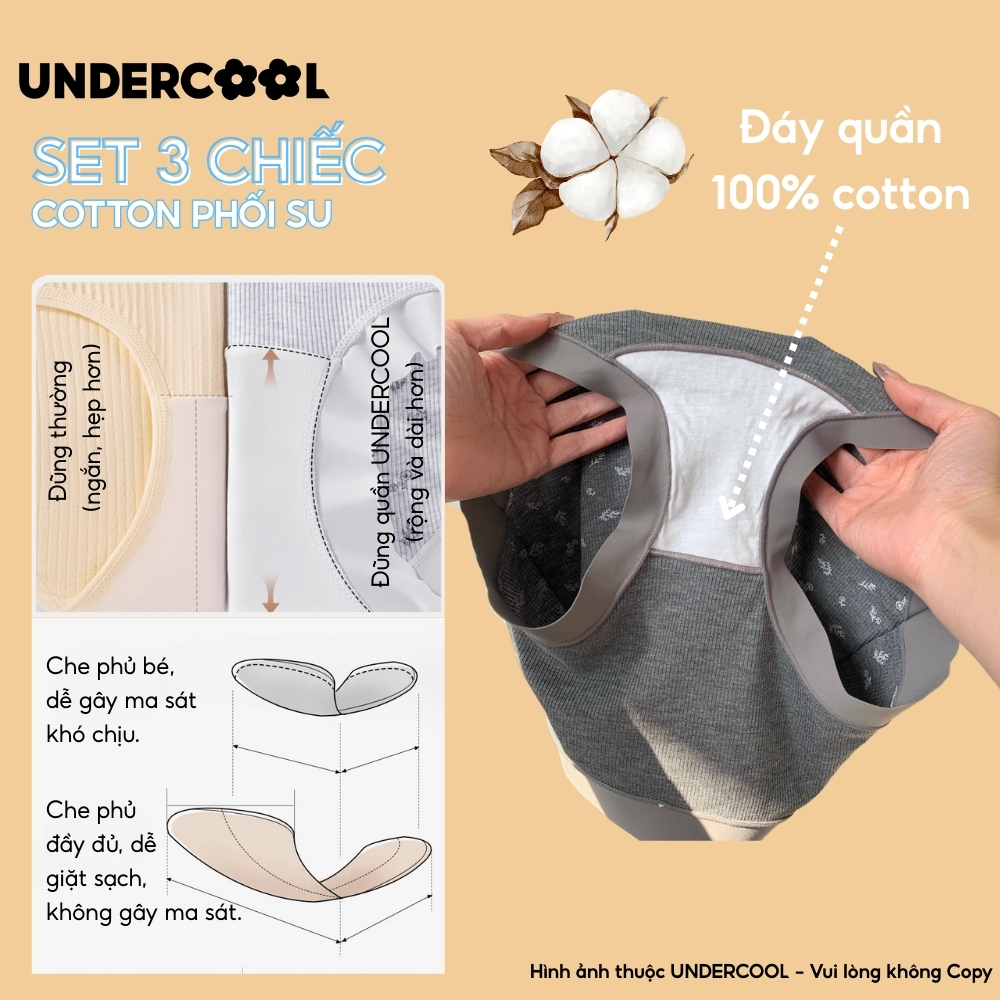 Combo 3 Quần Lót Nữ Cotton Gân Tăm Họa Tiết Phối Ren Kháng Khuẩn UNDERCOOL Thoáng Khí, Sạch Sẽ- CB-QL68