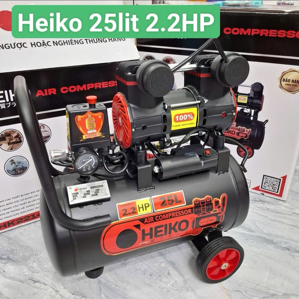 Máy nén khí không dầu Heiko 25lít, 14 lít 2.2hp , dây đồng, bảo hành 12 ...