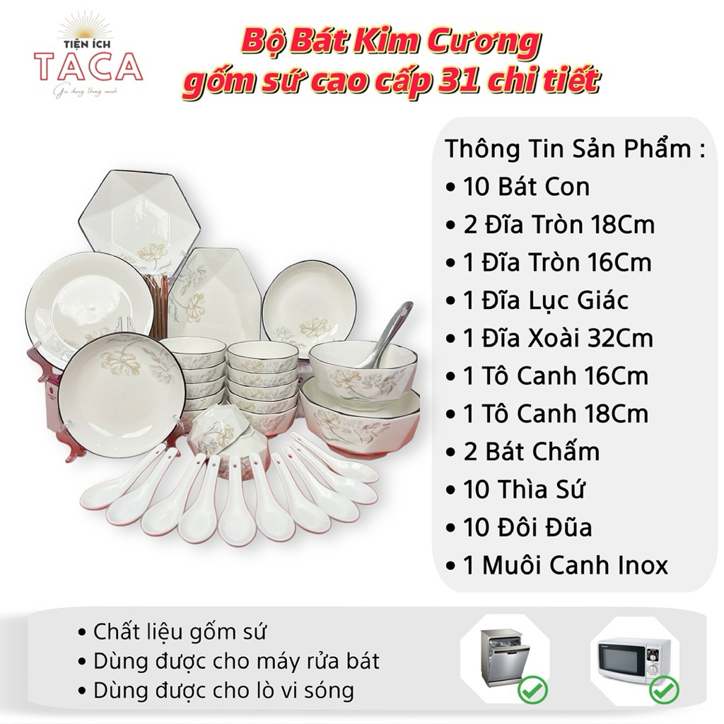 Bộ bát đĩa vân Kim cương gốm sứ cao cấp, bộ bát đĩa 31 chi tiết