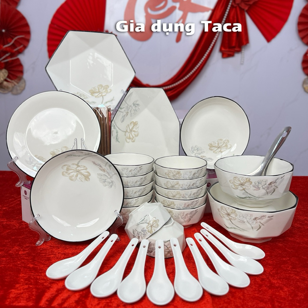 Bộ bát đĩa vân Kim cương gốm sứ cao cấp, bộ bát đĩa 31 chi tiết