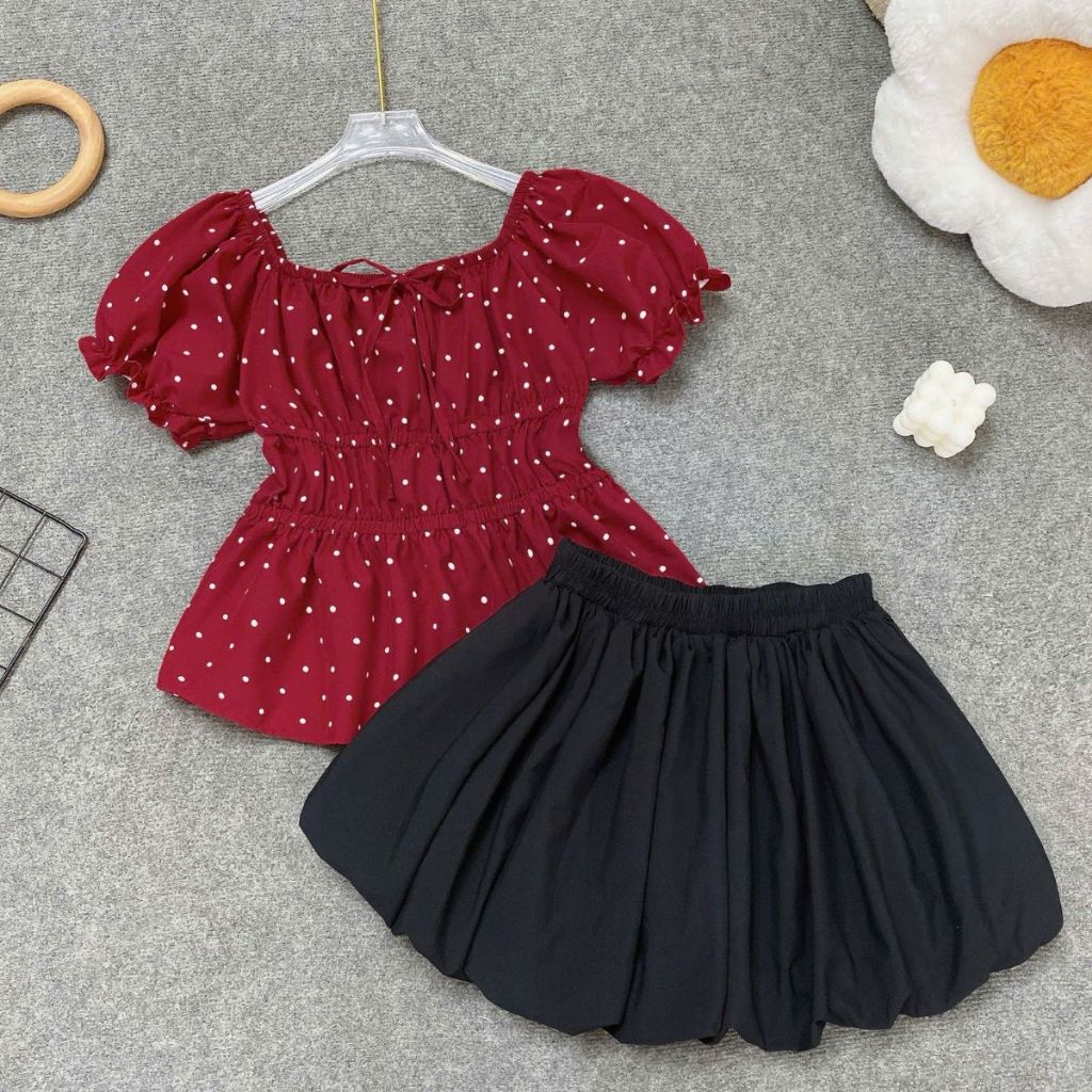 Set Đồ Nữ Áo Chấm Bi Tay Bồng Phối Chân Váy Xòe –  Đi Chơi, Dạo Phố, Nữ Tính Trẻ Trung A282-CV423