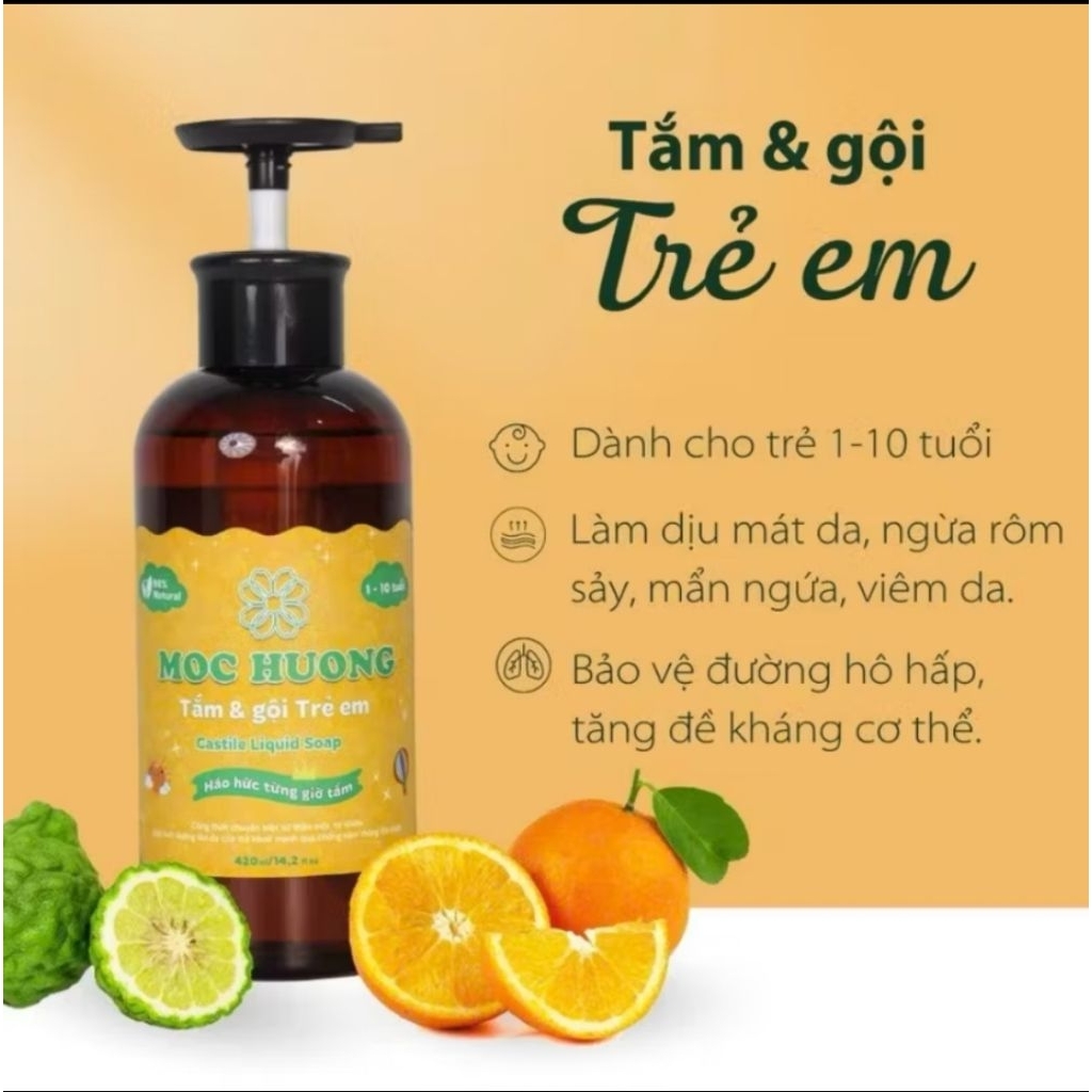 Tắm gội trẻ em Mộc Hương - 470gr - Tinh dầu thảo mộc bảo vệ làn da bé, giảm rôm sảy