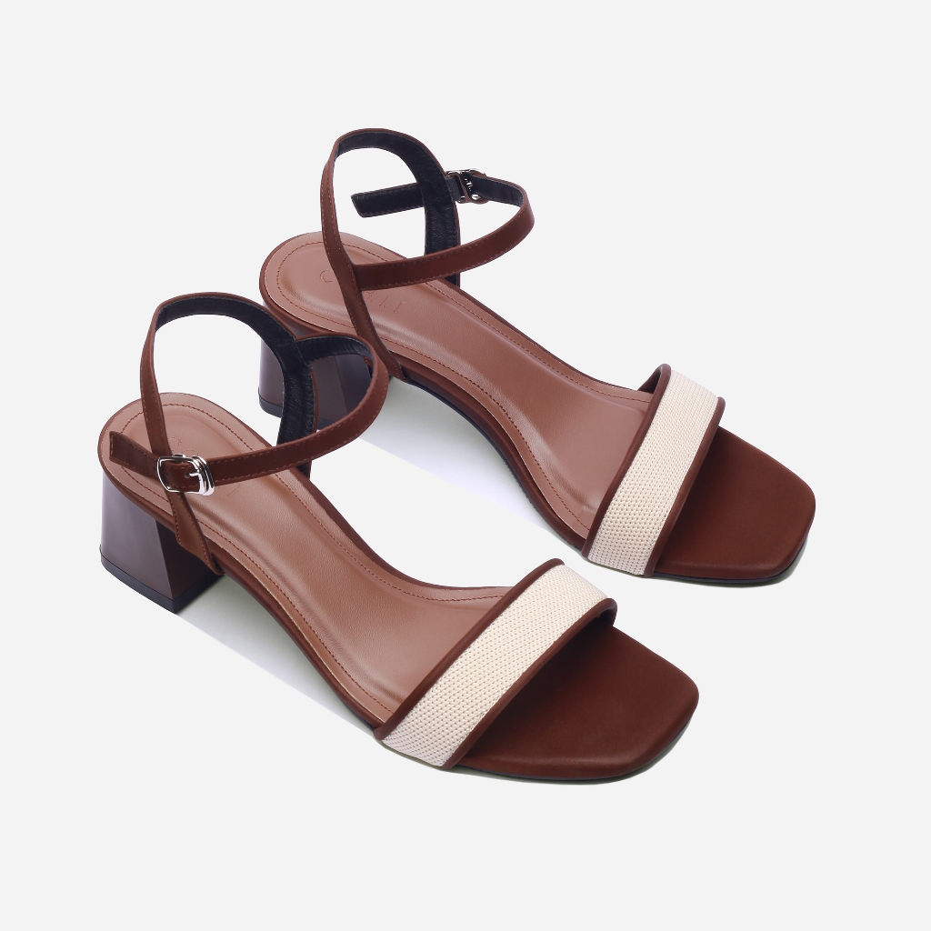 CORII - Giày Sandal Cao Gót Quai Ngang Bản Nhỏ Mũi Vuông Thời Trang và Thoải Mái Nhất - CR6IVR3 Nâu phối Đen